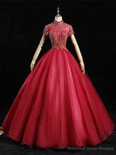 Red Tulle High Neck Cap Sleeve Beading Quinceanera Dress